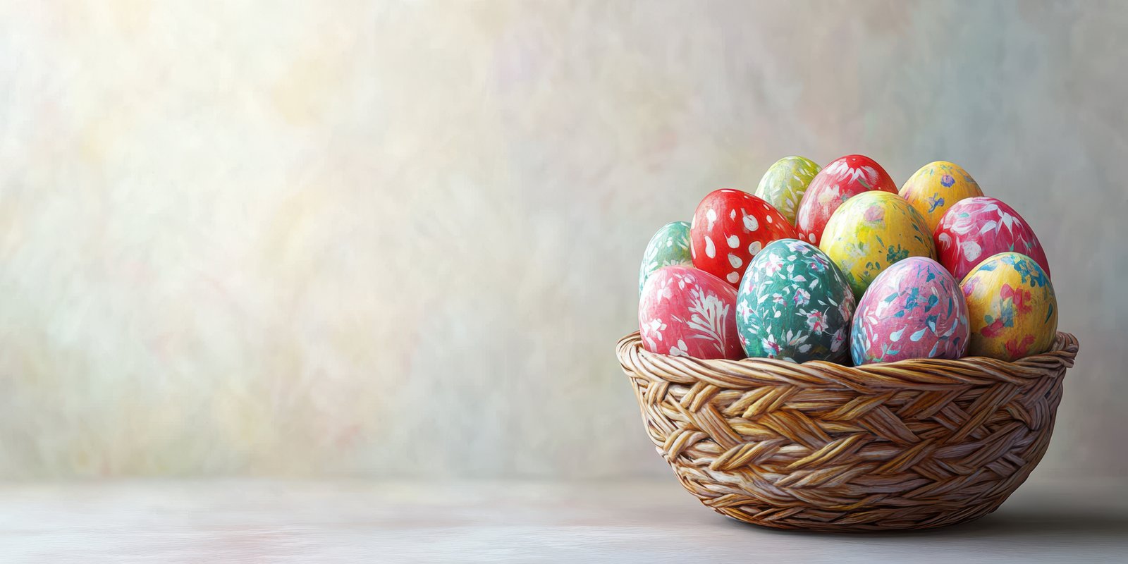 Colorful decorated eggs in a rustic basket with light background for festive celebrations during spring season